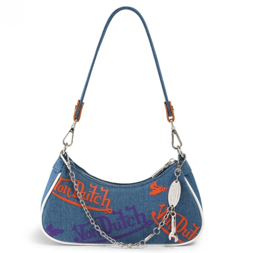 Von Dutch Denim/Orange/Purple Logo Shoulder Bag W/CUTE Mini Wrench-New W/Tags! - Picture 4 of 12
